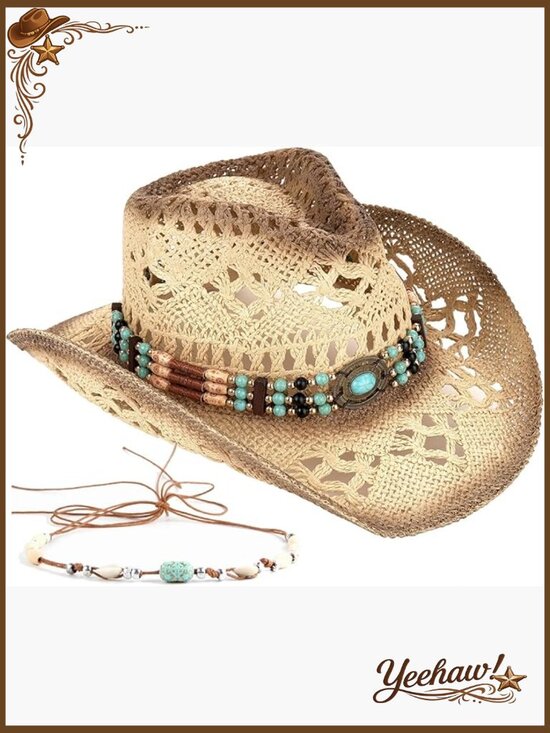 Straw Cowboy Hat with Two Removable Decorative Bands, Sun Protection main image 6